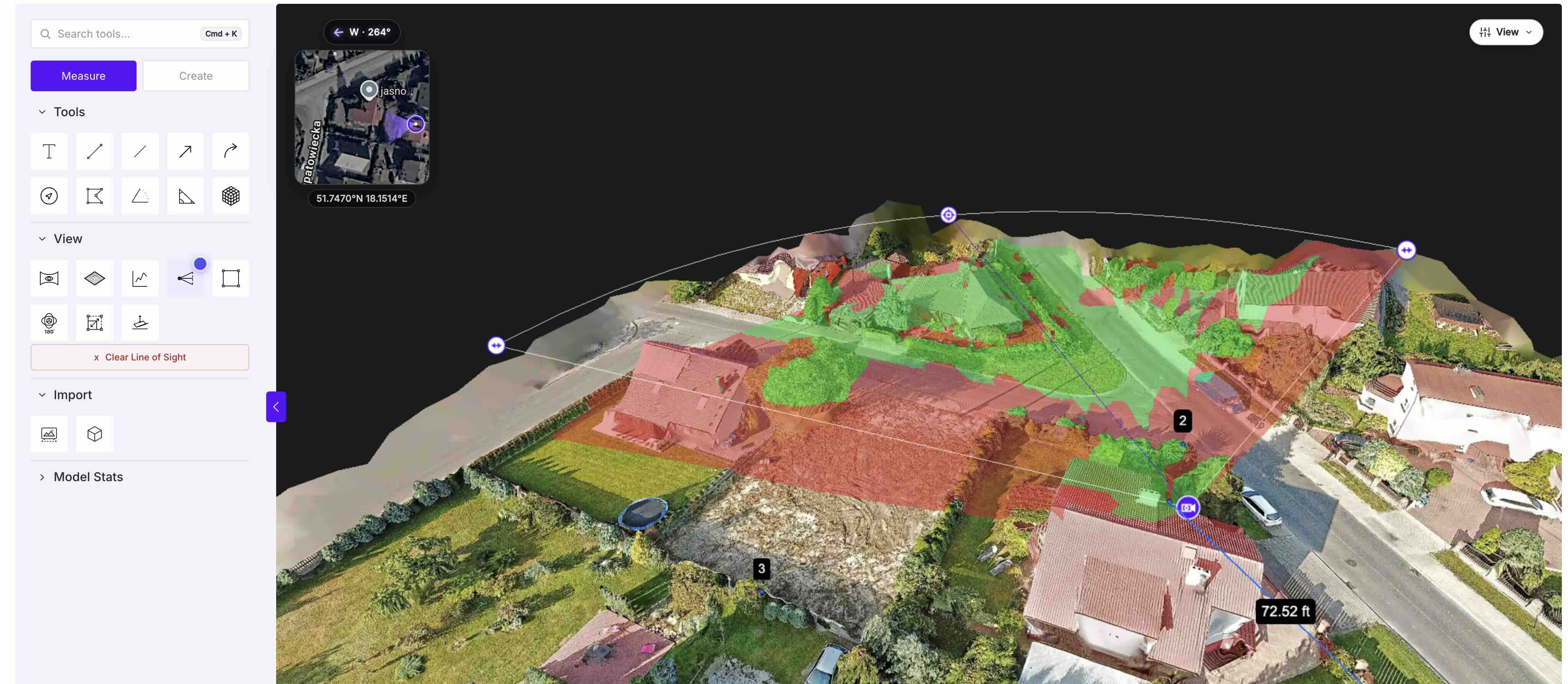 Line of Sight tool showing visible areas in green and obstructions in red